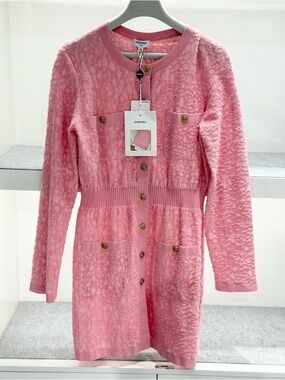 Authentic CHANEL Pink Textured Knit Cardigan Dress for Girls